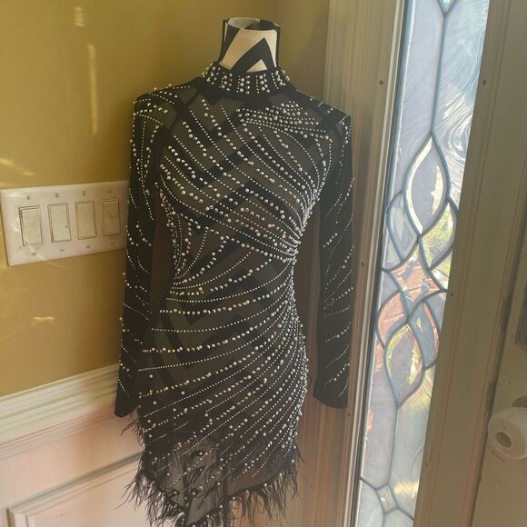 Unbranded Luxury Rhinestones & Pearls Feather Mini dress feather accents Size S - Picture 4 of 16